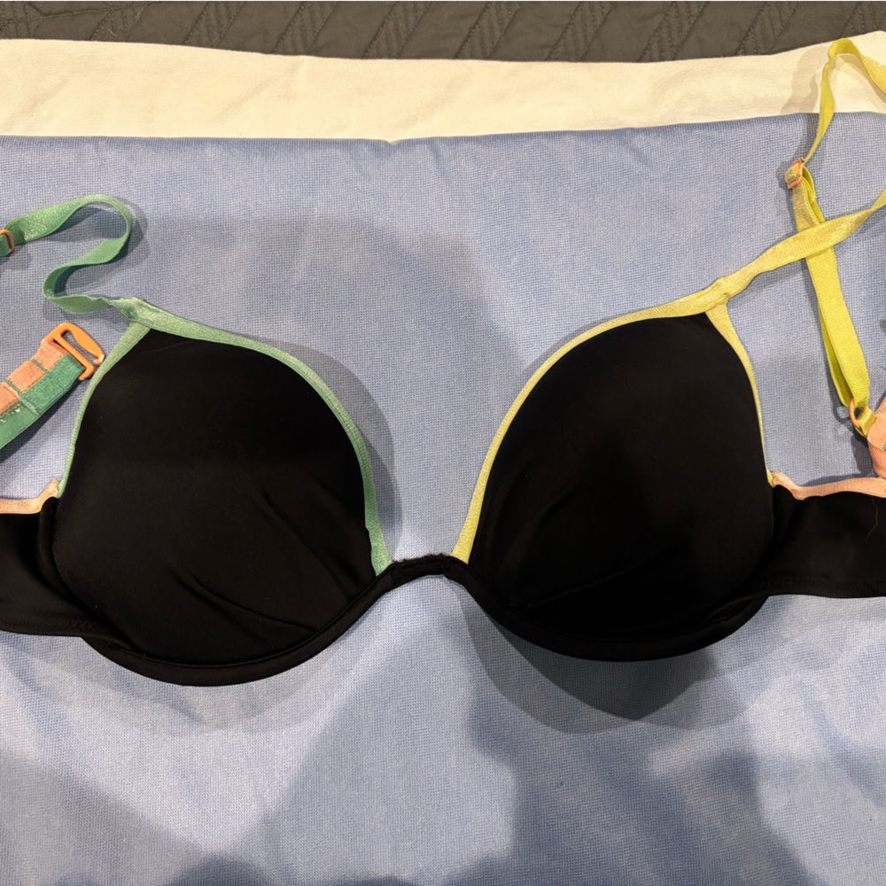 Victoria's Secret Black Bikini Top with Mint and Peach Straps